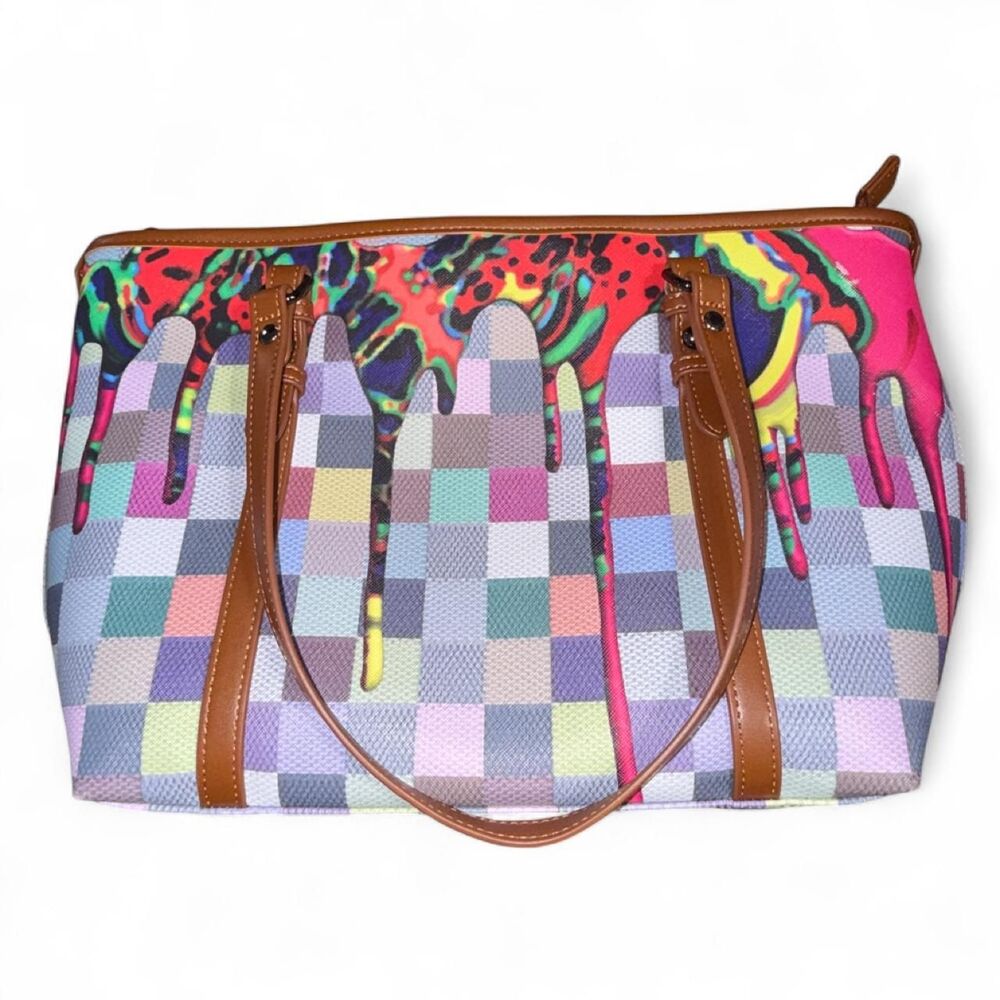 Authentic Kent Stetson Checker Drip Tote Bag Multicolor Pop Art Handbag Luxe Coa